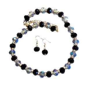 Vintage inspired jewelry set faceted crystal beads necklace & pierced earrings